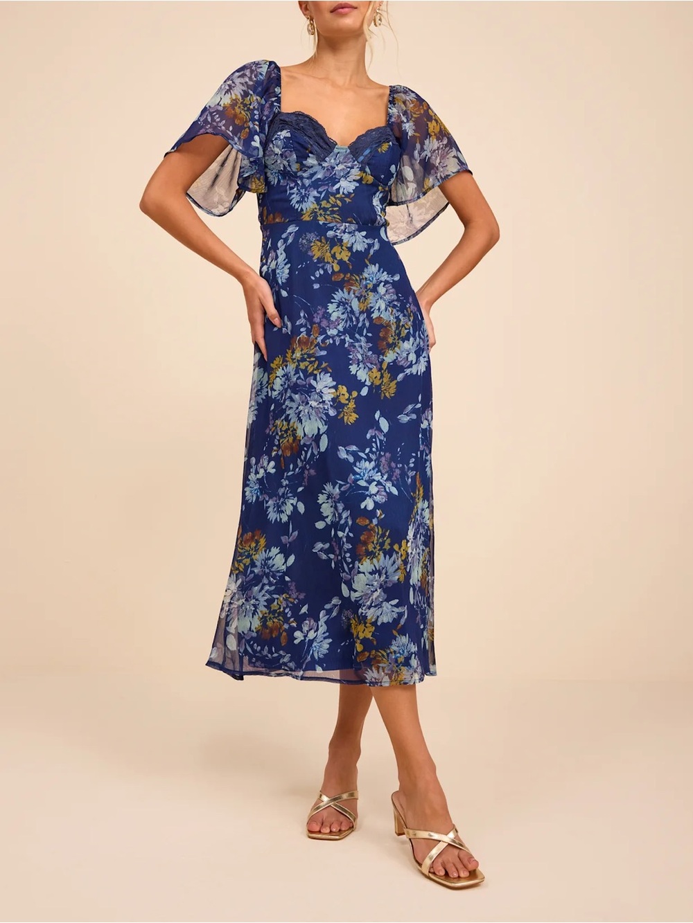 Lulus Valla Navy Blue Floral Flutter Sleeve Midi Dress Size XS